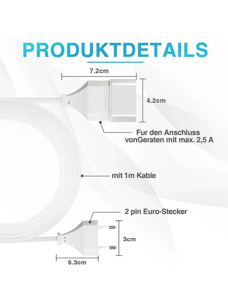 2 szt. 1 m przedłużacz kabla zasilającego UE wtyczka euro do gniazda euro 2,5 A/250 V do urządzeń multimedialnych lub gospodarstwa domowego