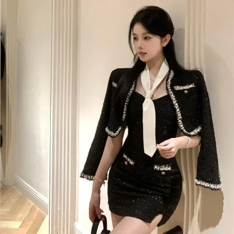 Temperament Spicy Girl Hanging Hip Wrap Dress Coat Two Piece Set Women Diamond Tie Celebrity Black Slim Banquet Female Dressing