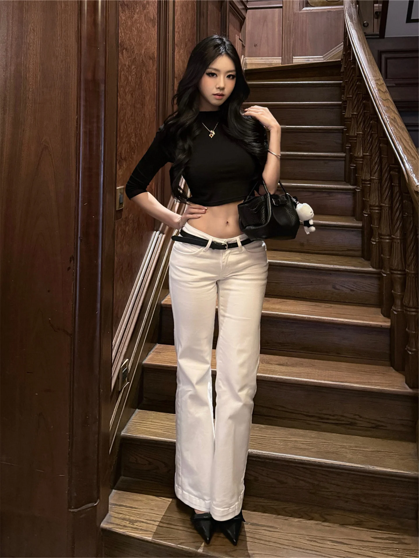 

Американские винтажные джинсы-клеш с низкой талией для женщин, утягивающие, эластичные, повседневные, из хлопкового денима, с высокой талией, широкие брюки