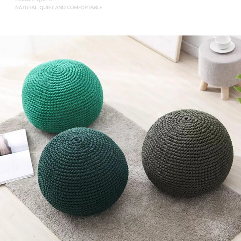 

Ottoman Stool Cover(No Filling) Handmade Crochet Cotton Floor Pouf for Tatami/Living Room Decor Multi-Purpose Footrest Cover