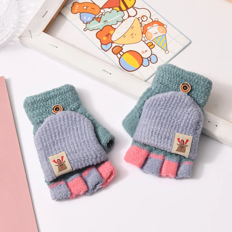 Cartoon Kids Gloves Half Finger Flip Gloves for Boys Girls Children Winter  Knit Warm Students Writing Gloves Fingerless Mitten