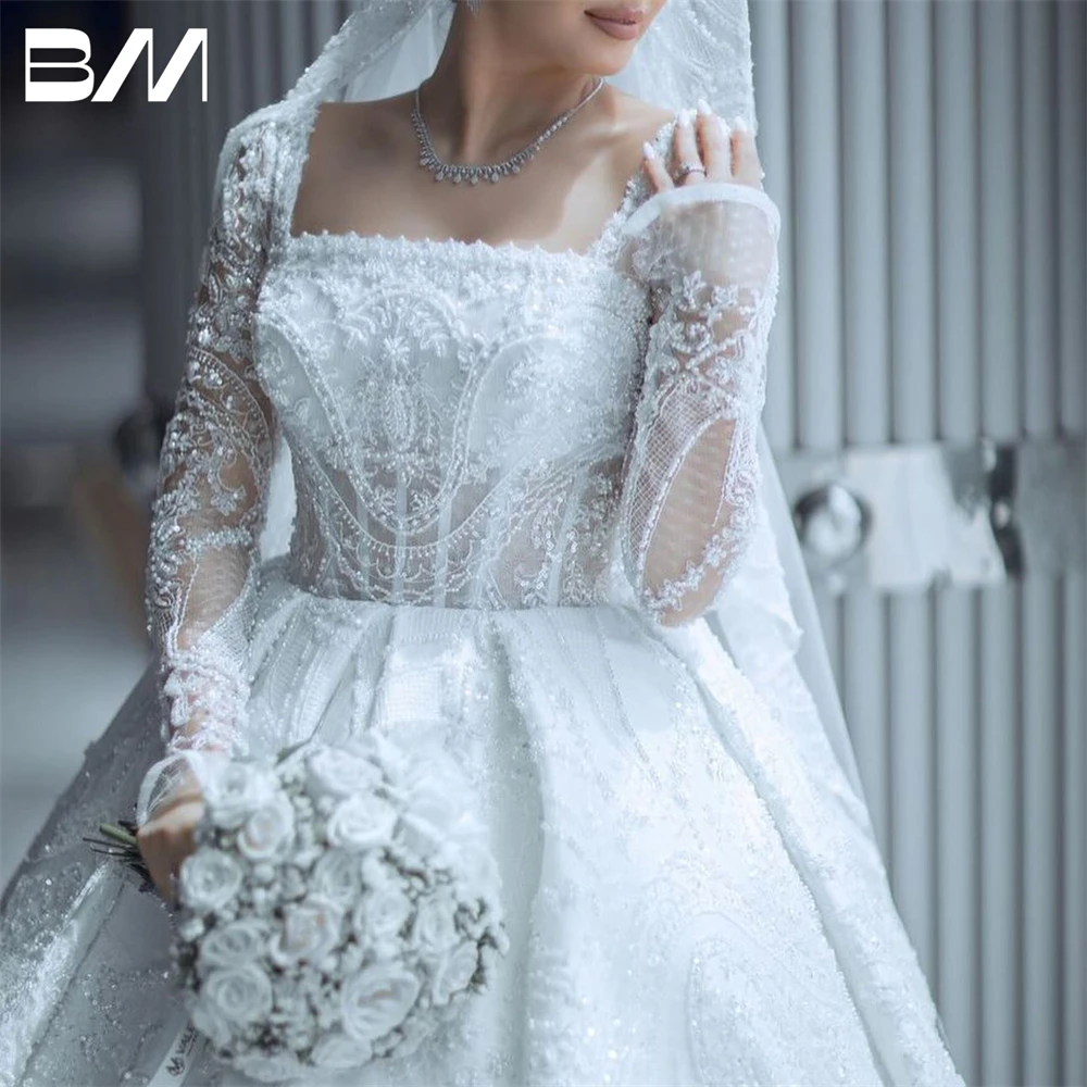 Luxury Embroidered Bride Dress With Square Collar Corset Long Sleeve Ball Gown Wedding Dresses For Women Indicate Beads Bride