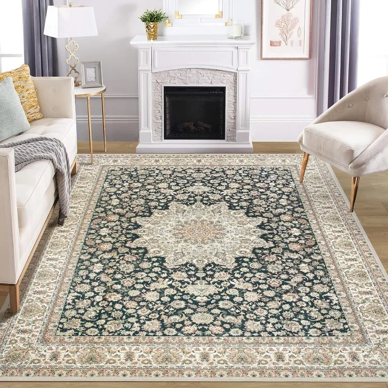 Area Rug Living Room Rugs Large Machine Washable Non Slip Thin Carpet Soft Indoor Luxury Floral Stain Resistant Carpets