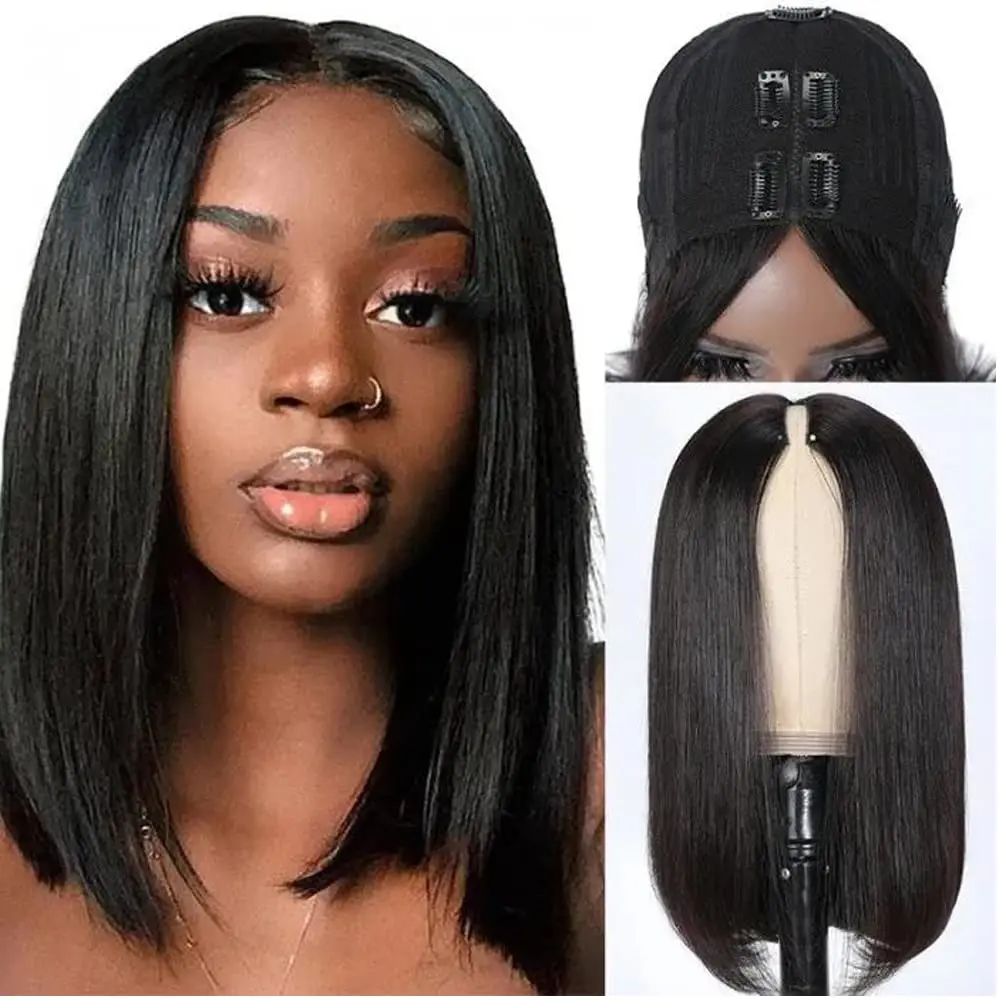 

10-16 Inch V Part Bob Wig Human Hair Short Straight 180% Density Bob Straight Human Hair Full Machine Made Wig