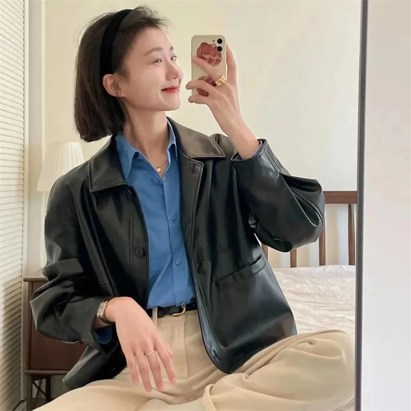 2025 frauen Mode Kurze Leder Mantel Retro Damen Lange Ärmel Faux Leder Outwear Frühling Weibliche Freizeit PU Leder Jacke ﻿