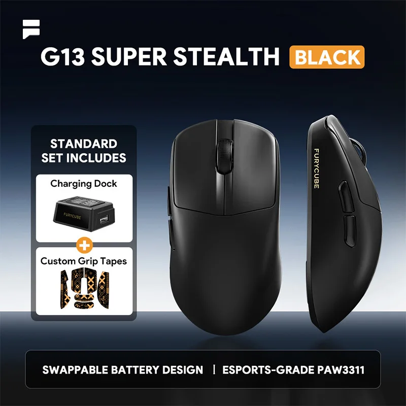 

Игровая мышь FURYCUBE G13S с тремя режимами подключения, сенсором PAW3311, легким весом 55 г, сменным долговечным аккумулятором и зарядной станцией для геймеров