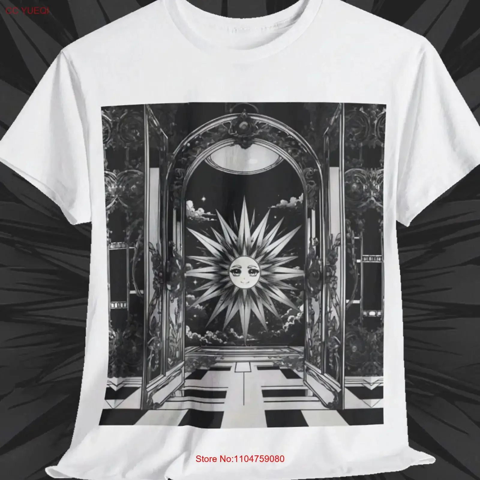 The Sun Mirror Portal T Shirt Surreal Celestial Otherworldly Psychedelic Design Anime Manga Line Art Streetwear Esoteric Occult