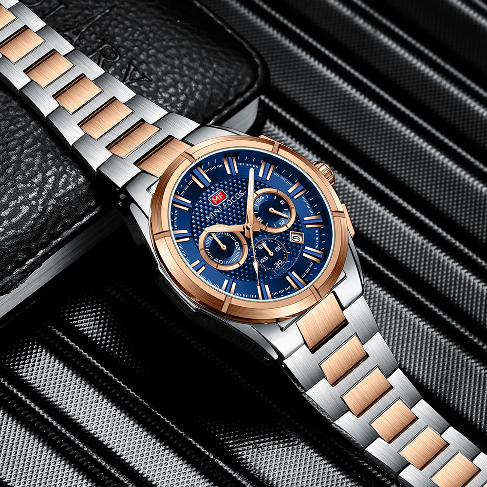 MINI FOCUS Business Dress Watch Men Fashion Stainless Steel Chronograph Waterproof Luminous Quartz Wristwatch with Date 0495