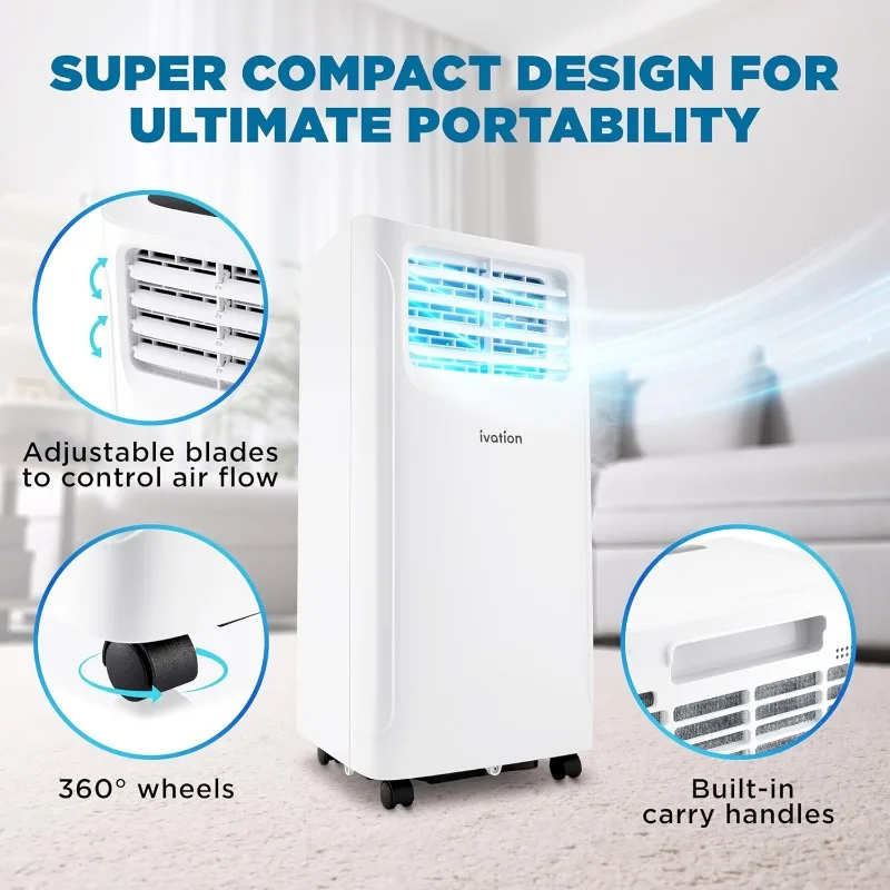 Ar condicionado portátil compacto Ivation 9000 BTU, menor unidade AC com resfriamento potente, ventilador multivelocidade, desumidificador