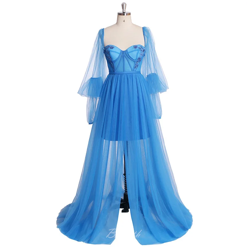 

Bowith Prom Party Dresses Square Collar Long Sleeve Tulle Evening Wedding Party Gown Blue Floor Length Dress vestidos Gala Dress