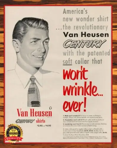 Van Heusen - Century Shirts - Won't Wrinkle Ever - 1950 - Metal Sign