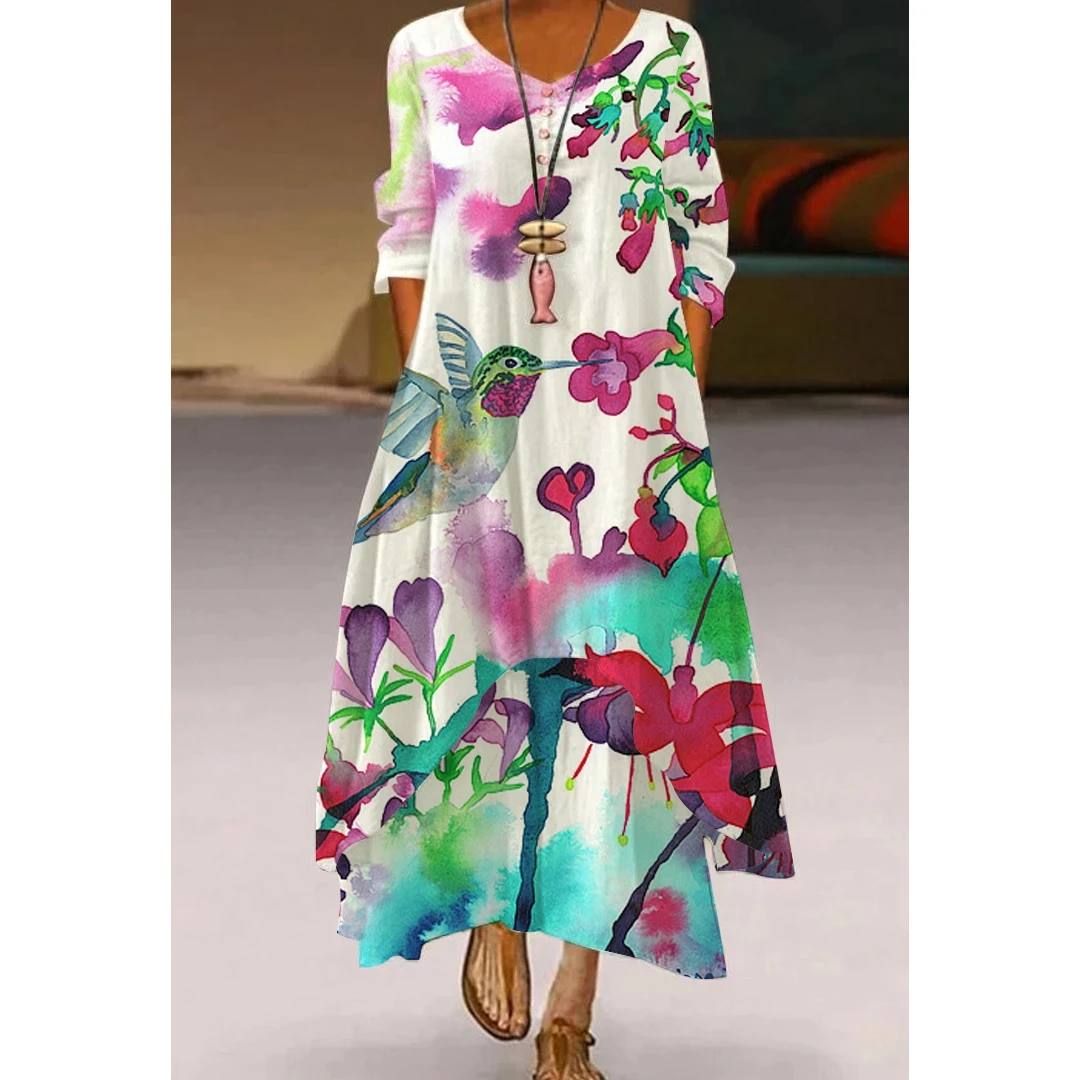 Bird Flower Print Floral Summer Women's Fashion Long Dress  Ladies Casual Harajuku Long Sleeve Sexy Dress Fashion Women's wear