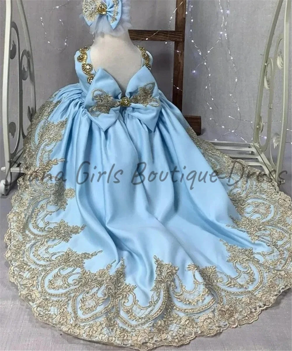 

Luxurious Blue Flower Girl Dress Wedding Dresses Satin Fluffy Gold Lace Applique With Long Train For Kid Birthday Party Gowns