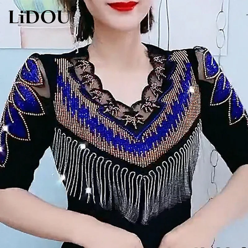 Jesienno-zimowa odzież uliczna Diamons Tassel Pullover T-shirt damski z krótkim rękawem Harajuku Y2K Elastyczna koszulka z dekoltem w szpic Hollow Out Top Women
