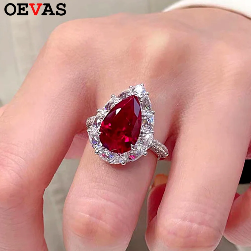 

OEVAS 100% S925 Silver 4CT 8*12mm Pear Cut Full Zircon Ring For Women Sparkling Waterdrop Wedding Engagement Band Jewelry Gift