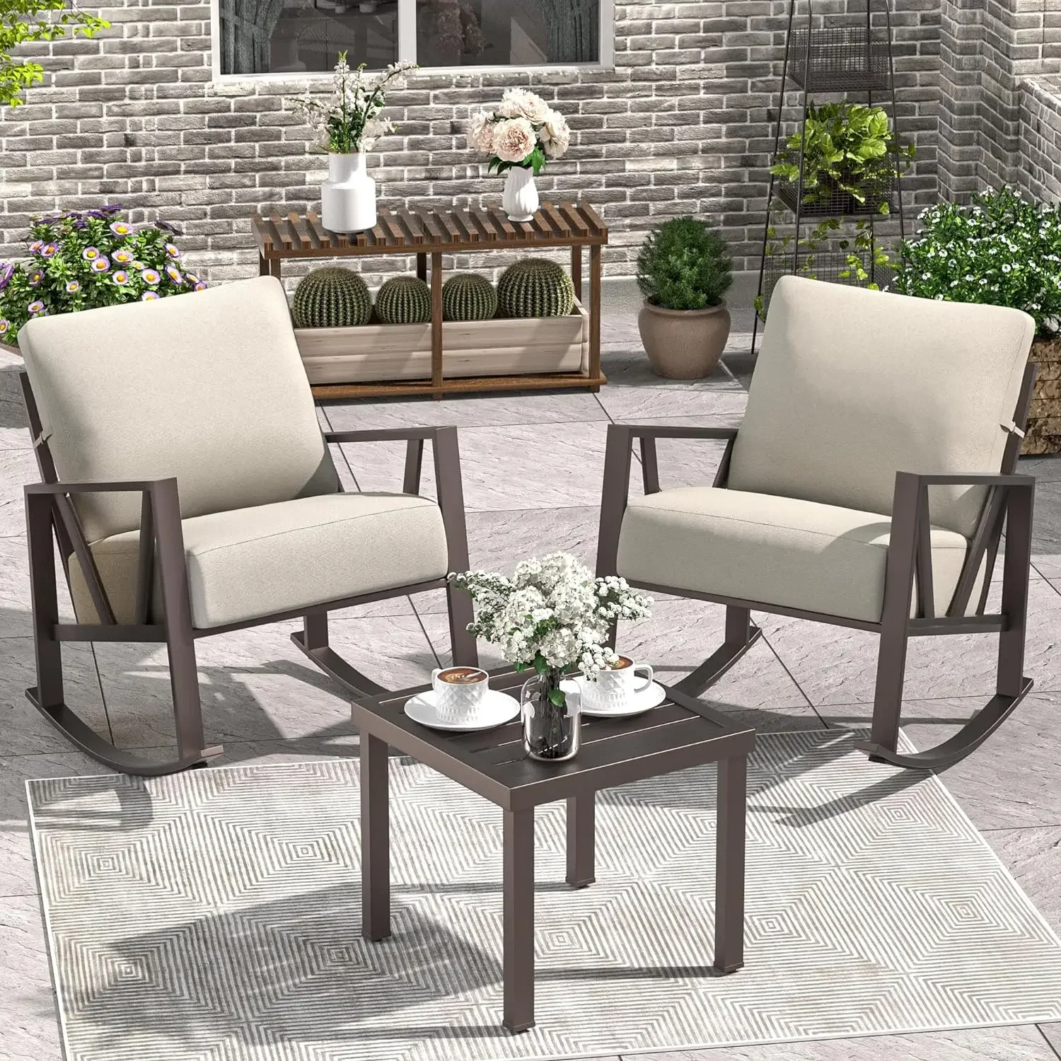 

Patio Porch Furniture Set, Patio Outdoor Rocking Chairs Set of 2 with Coffee Table, 3 Piece Metal Outdoor Patio Furniture Set