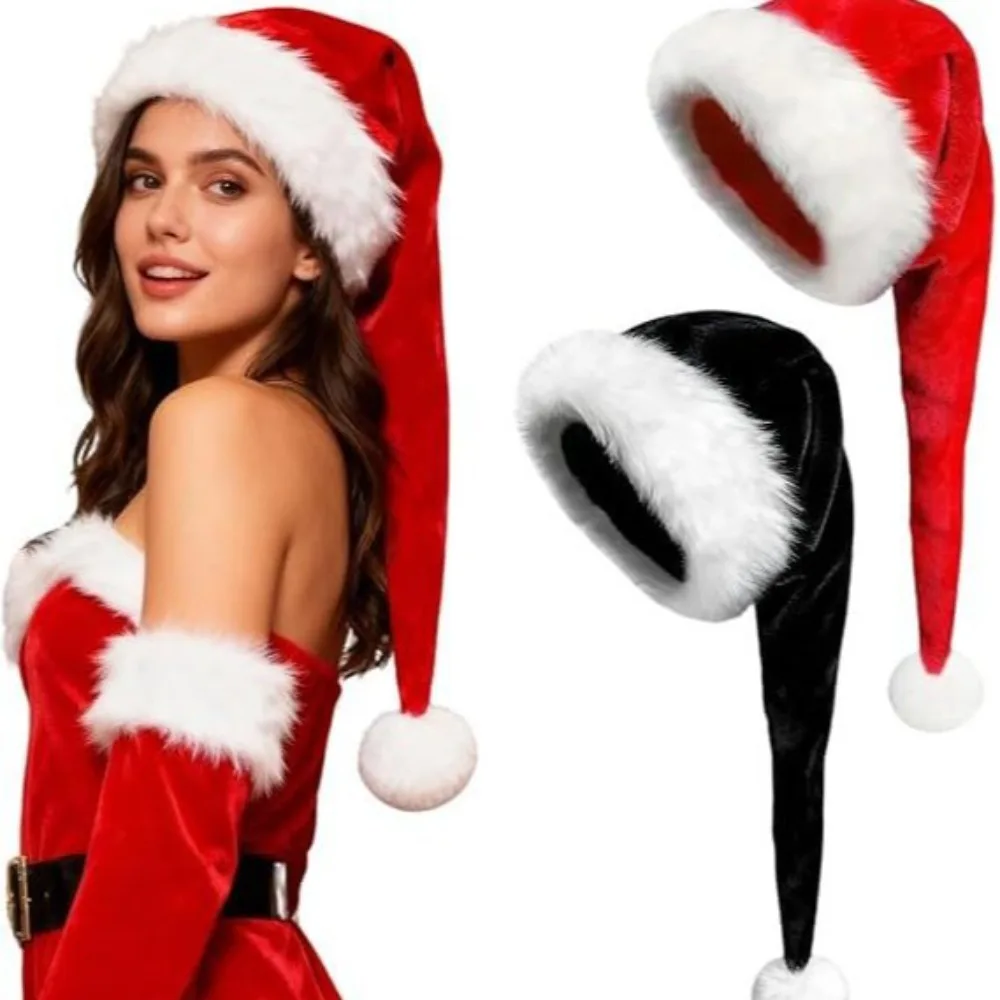 Lange Plüsch-Weihnachtsmütze aus Samt, Gemütliche Rote Weihnachtsmann-Mütze für Neujahrs- und Weihnachtsfeier-Zubehör
