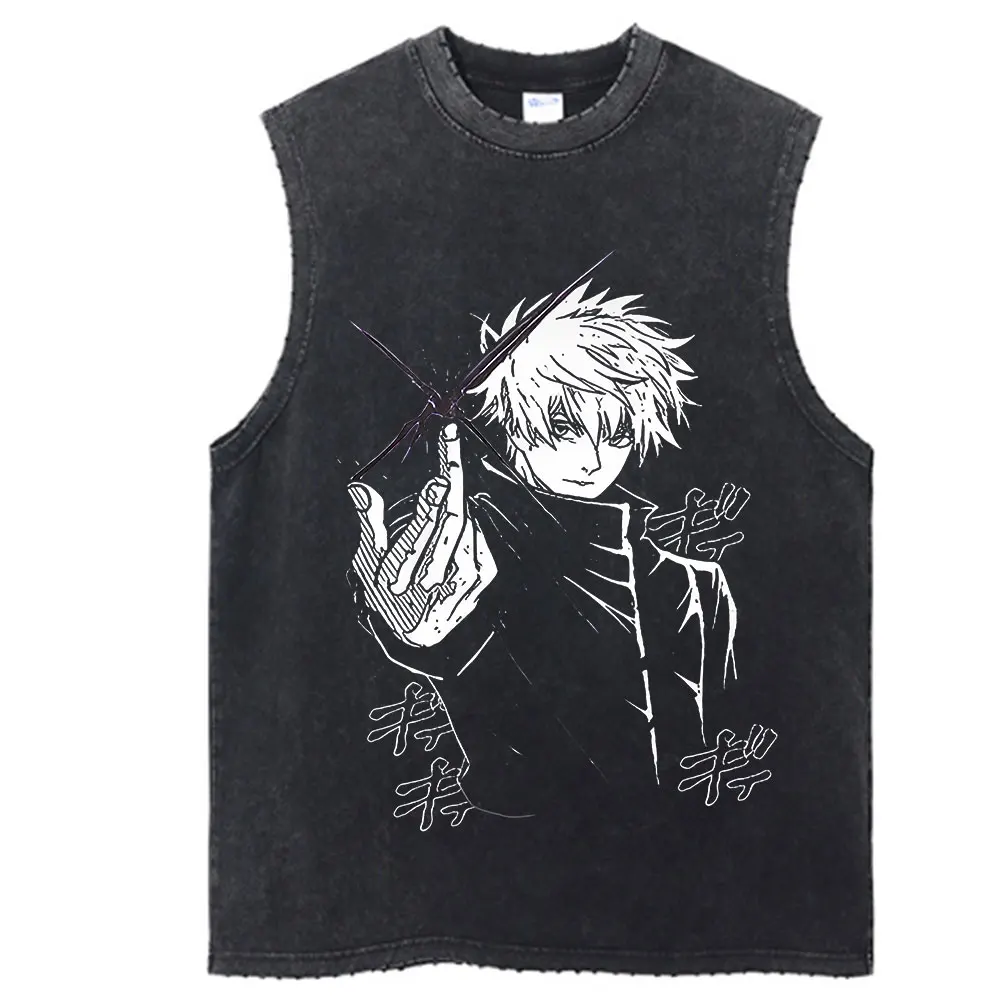 Vintage Cotton Black Summer Wash Vest Anime Print Washed Tank Top Harajuku Hip Hop Streetwear Unisex Tops