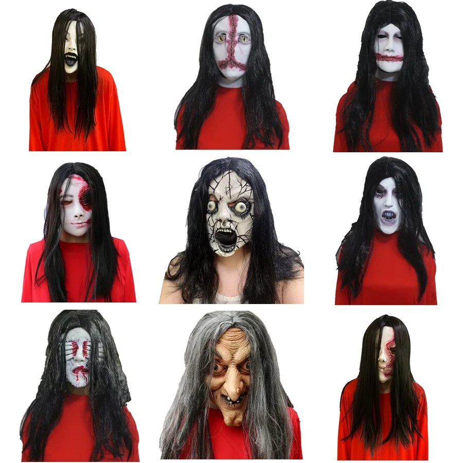 Halloween Party Horror with Long Hair Mask Scary Ghosts Face Witches Latex Mask Head Cover Haunted House Party Costume Props