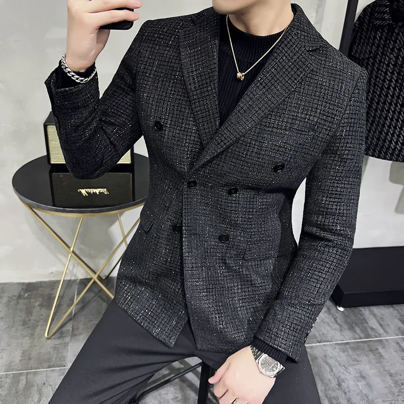 Men High Quality Double-breasted Suit Jackets Male Slim Fit Fashion Business Groom\'s Wedding Tuxedo Man Casual Blazers 3XL-M