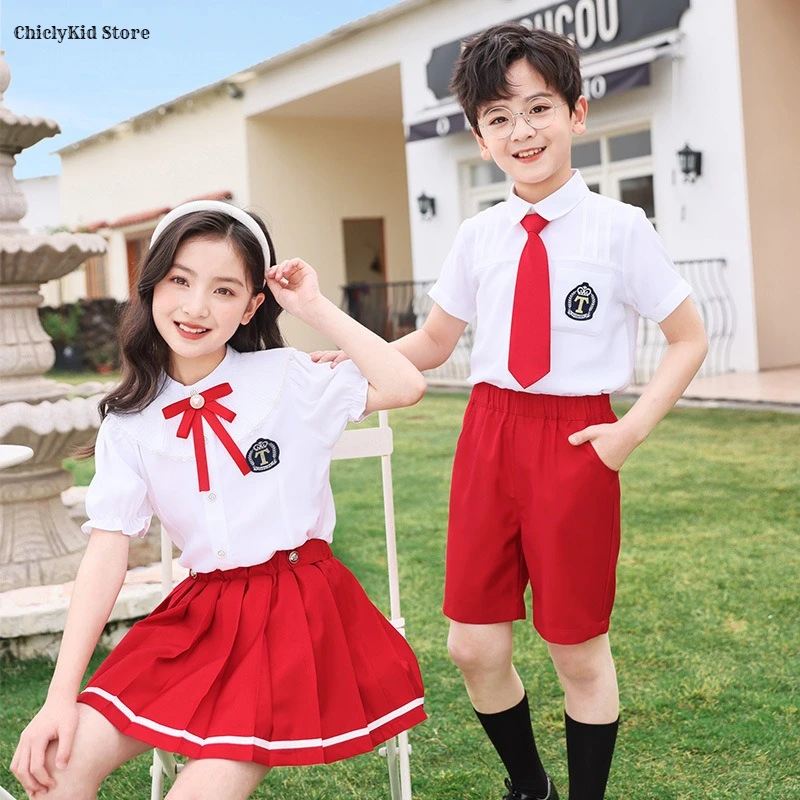 Girls Korean Japanese Cute Blouse Skirts Boys Shirts Shorts Kids Kindergarten Clothes Sets Child Summer Students School Uniforms