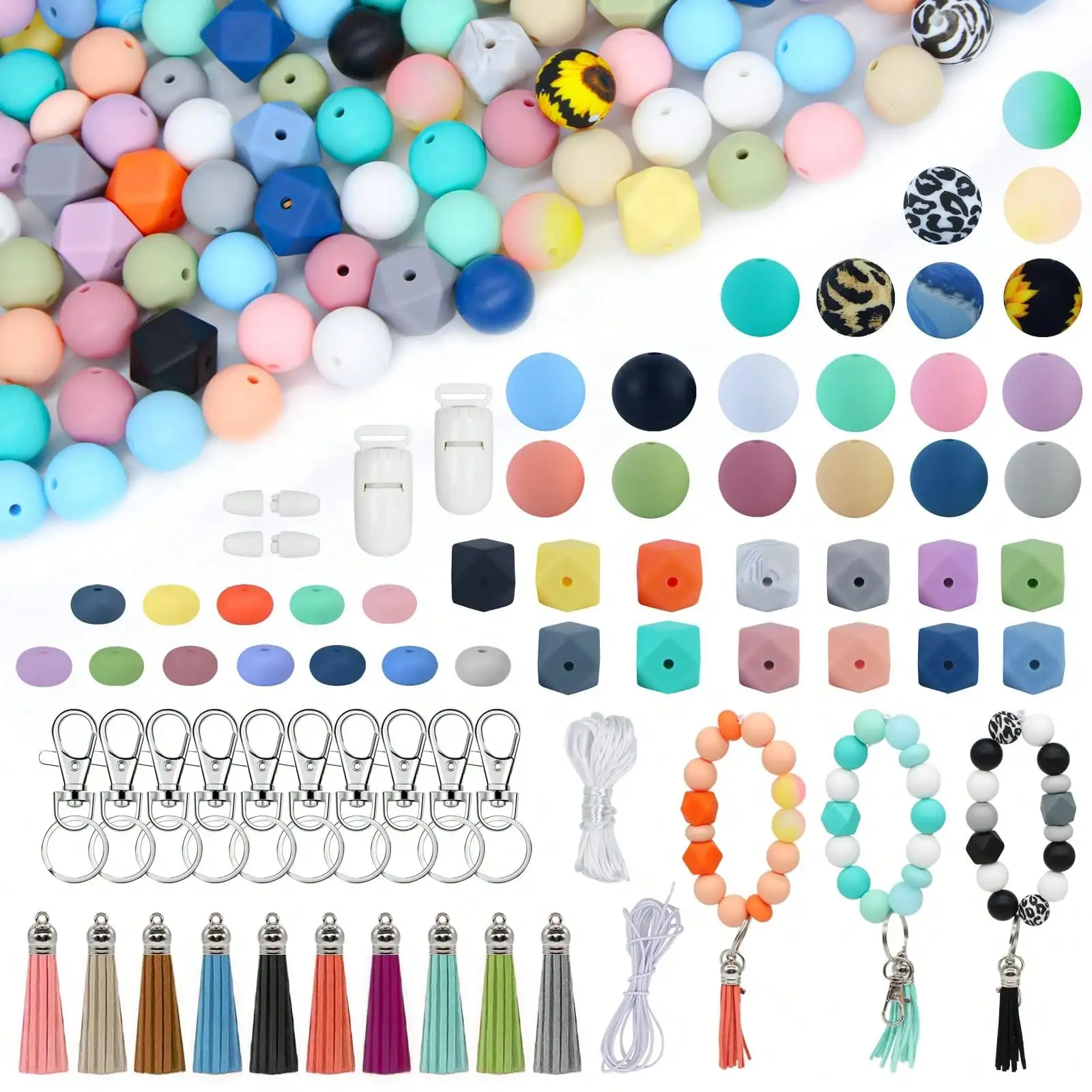 Perles en silicone pour porte-clés, fournitures de kit exécutif, caoutchouc, vrac, bracelet et collier à faire soi-même, 228 pièces