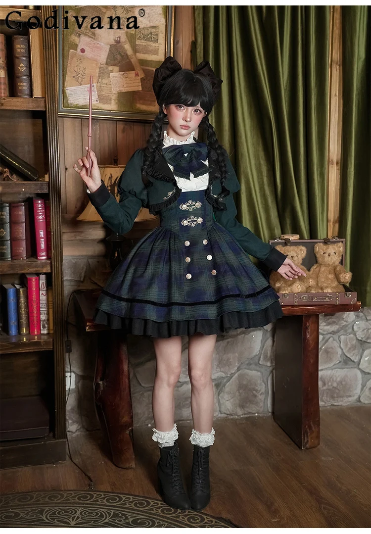 

Halloween French Elegant Court Style Lolita Dress Set Girls Woman's Preppy Style Sweet Y2K Long Sleeve Shirt Long Skirt Cape Set