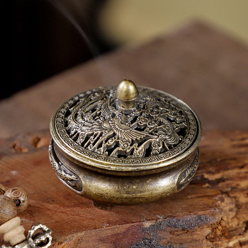 Antique brass pocket incense burner mini hollow incense ornament ancient Chinese tea table decoration dragon and phoenix