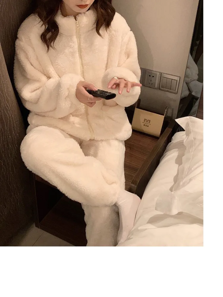 

Winter Women's Pant Sets Simple Solid Fleece Thick Sleepwear Zipper High Neck Pockets Pijamas 2 Piece Sets Outfit Pajama Sets