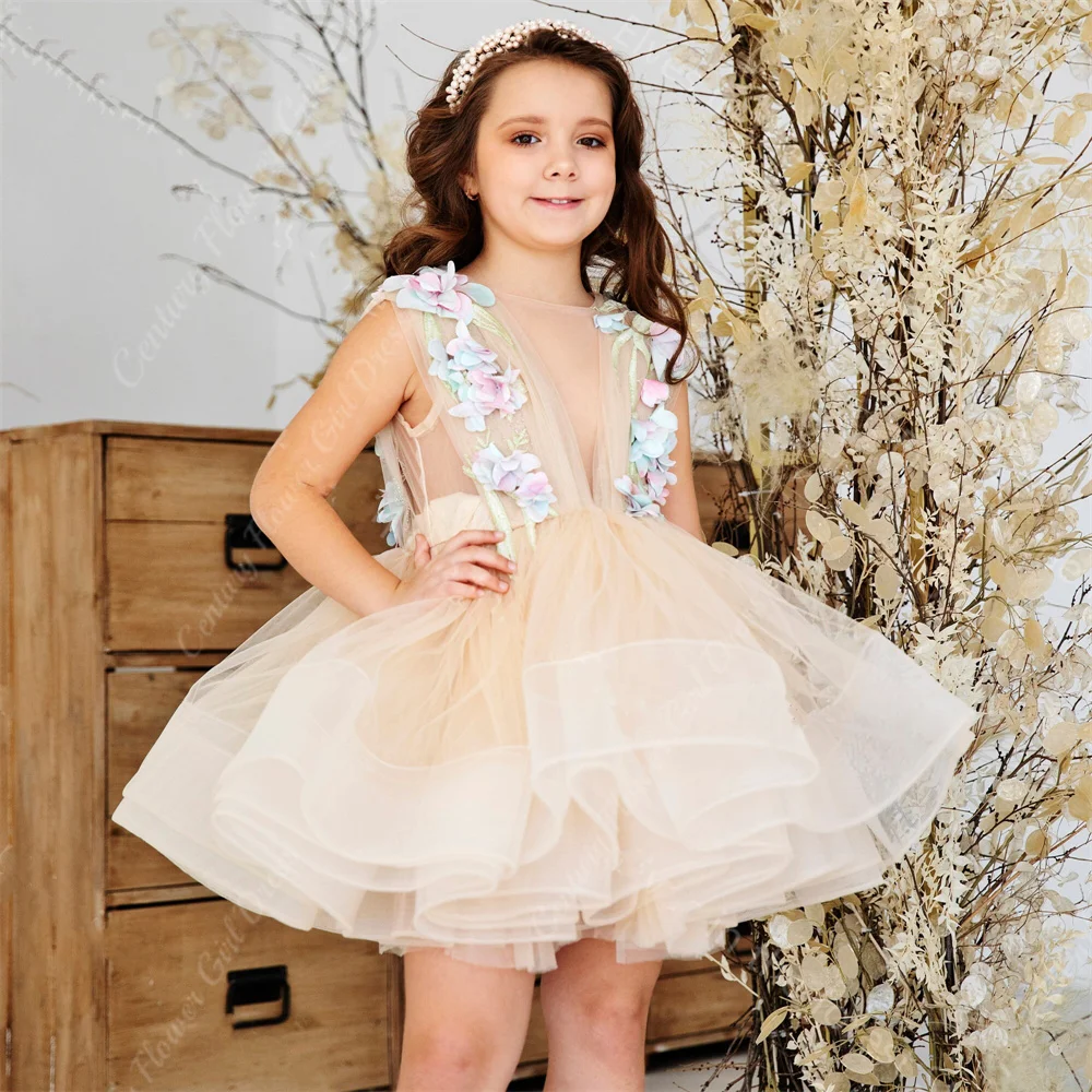 Tulle Champagne Puffy Flower Girl Dresses Appliques 3D Flowers Customized Birthday Pageants Gowns Tiered Dress for Photography