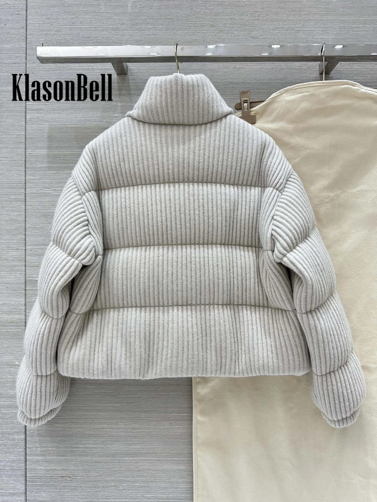 9.9 KlasonBell Women\'s Luxury Mink Spliced Cashmere Knit Down Jacket Stand Collar Goose Down Thick Keep Warm Loose Outerwear