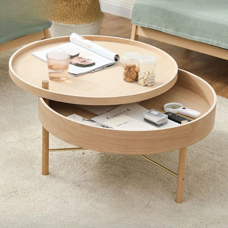 Solid Wood Round Table for Small Apartment, Multi-functional Living Room Combination, Rotating Storage, Nordic, Small Apartment