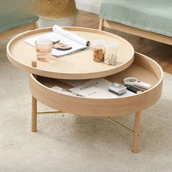 Solid Wood Round Table for Small Apartment, Multi-functional Living Room Combination, Rotating Storage, Nordic, Small Apartment