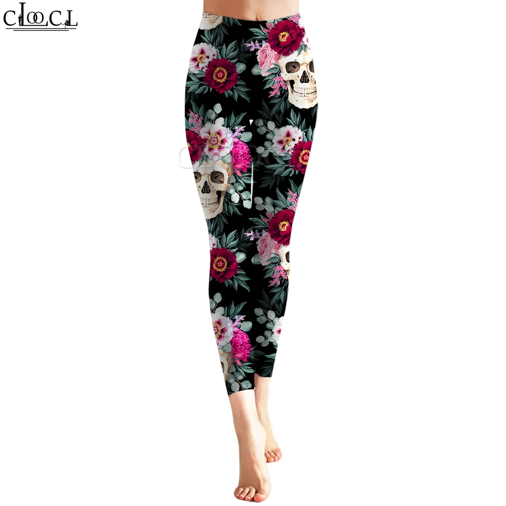 CLOOCL Legging Wanita Fashion Celana Panjang Gambar 3D Pola Tengkorak dan Peony untuk Latihan Wanita Legging Ramping Jogging Push Up