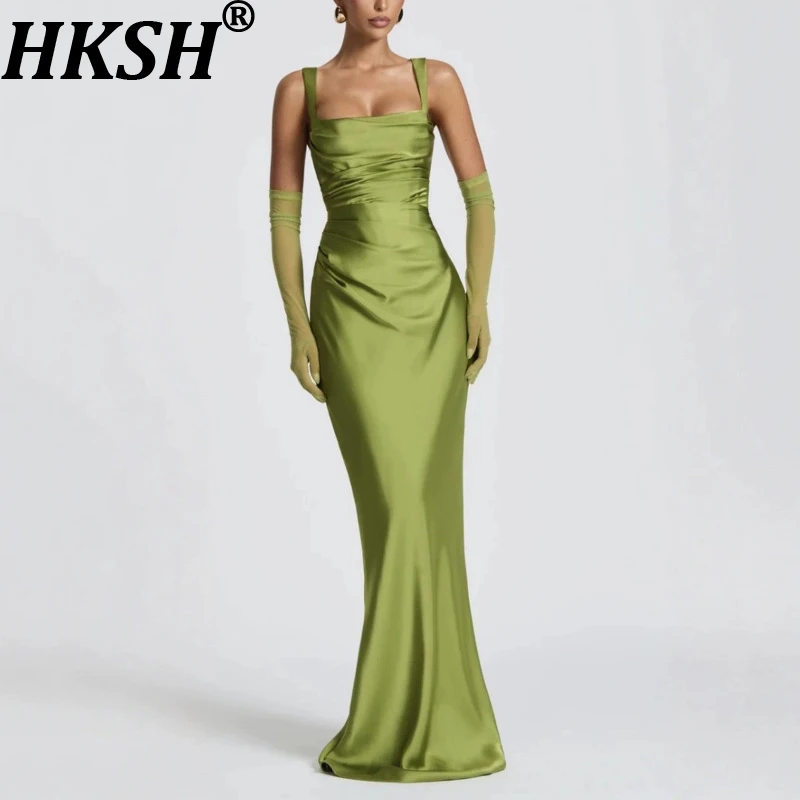 HKSH Women Elegant Sexy Long Dress Strap Sleeveless Slim Fit Solid Color Pleated Scarf Collar Chic Dresses Spring Summer HK19590