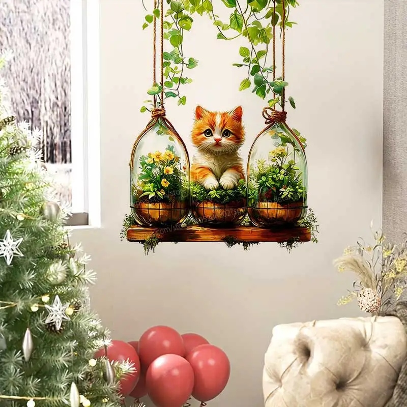 Cat Glass Vase Leaf Plant Removable Wall Sticker Self-Adhesive Fresh Decor for Bathroom Toilet Small Space Decoration AA217