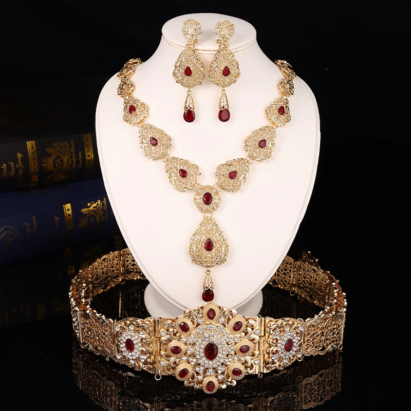 Elegant And Demure Round Crystal Adjustable Style Arabian Fashion Long-Sleeved Women's Wedding Dress Belt Necklace Earrings Set