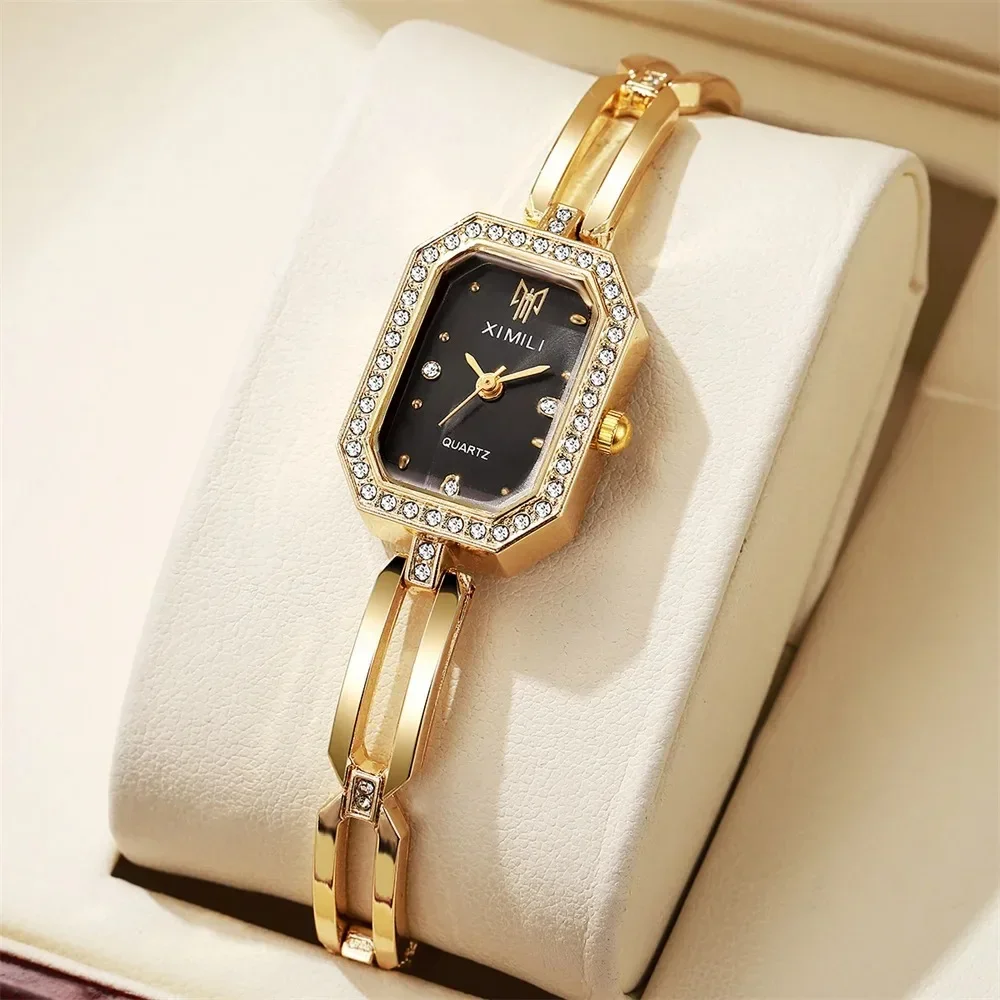 Luxe Strass Vrouwen Horloges Elegante Rechthoek Roestvrij Staal Gouden Armband Dames Quartz Horloge (Zonder Doos)