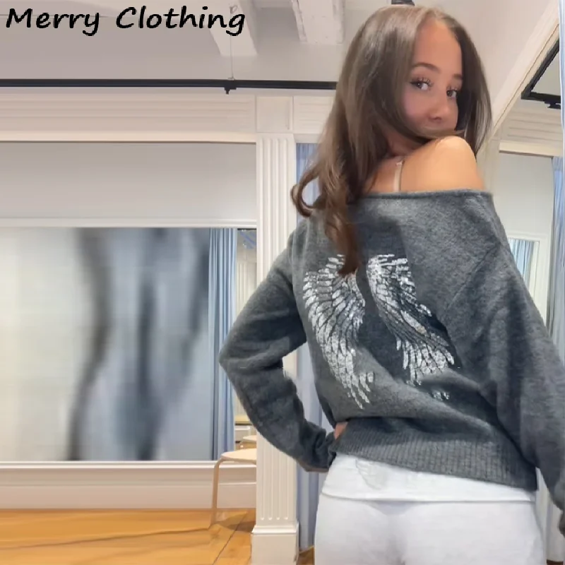 

Блестящие блестки с крыльями, вязаный свитер с открытыми плечами, женский шикарный вязаный свитер с большим вырезом и длинными рукавами, новинка 2025 года, осенние повседневные женские топы