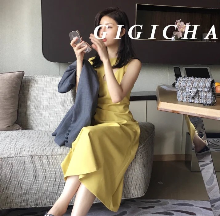 

Ele High Waist Bla Midi Dr Slimming Women's Faion Autumn A-Line Skirt Sle round Neline No Sve Korean Version