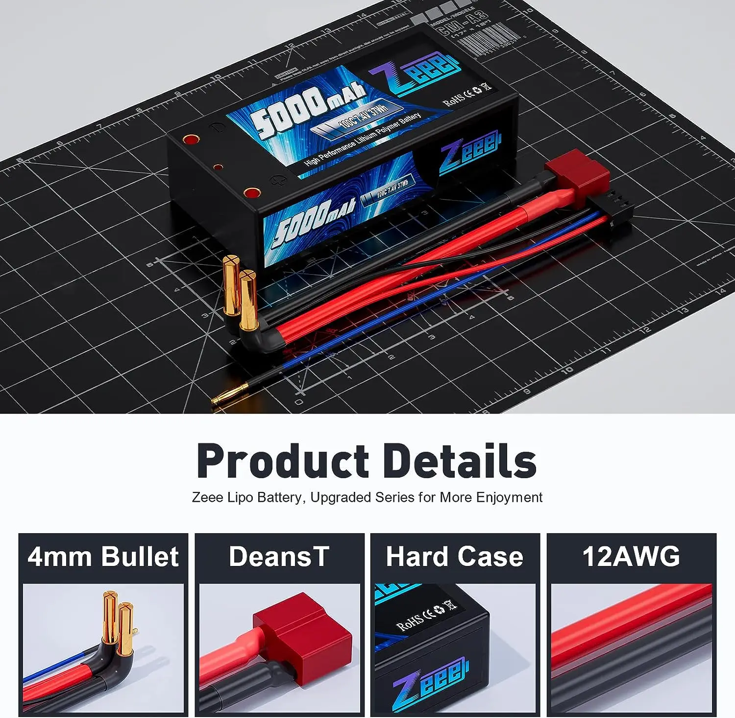 Zeee 2S Shorty Lipo Battery 7.4V 100C 5000mAh Hardcase with 4mm Bullet to Deans Plug for RC Car 1/10 Scale Buggy Vehicles Models