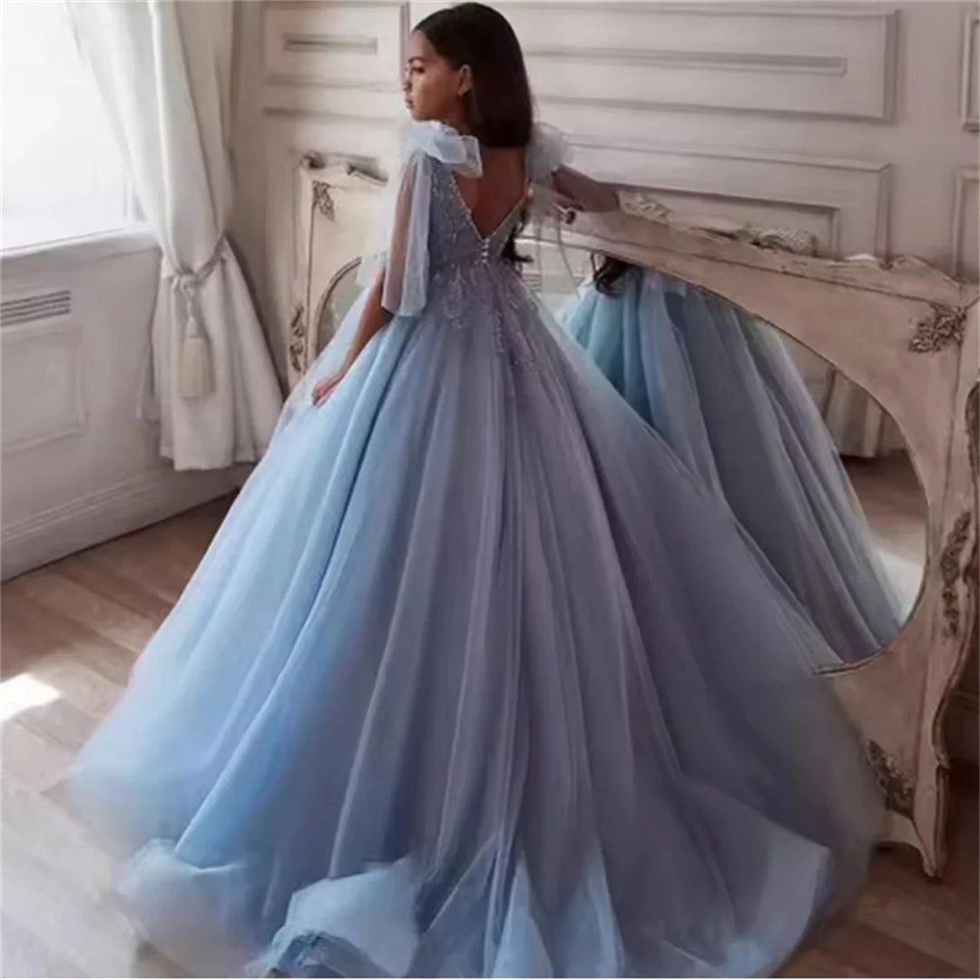 Light Luxury Lace Trailing Flower Girl Dress Tulle Shoulder Bow Beaded Sequin Princess Dress 2026 Girls Wedding Formal Party