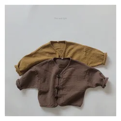 Korean Spring Autumn Toddler Boys Coat Solid Long Sleeve Cotton Linen Buttons Kids Boys Cardigan Loose Retro Children Boys Coat