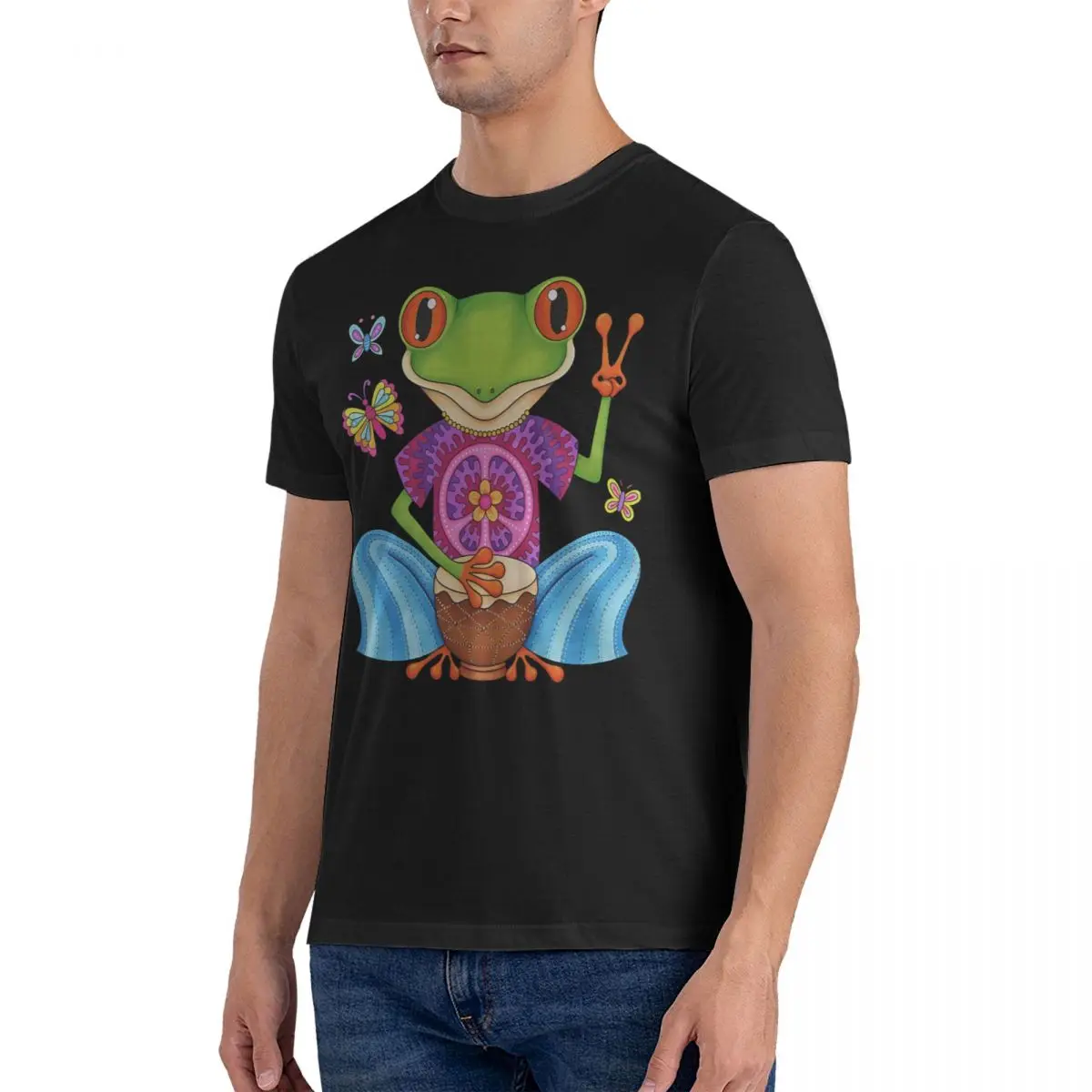 Men T-Shirt Peace Frog - Colorful Hippie Frog Art By Thaneeya Mcardle Cool 100% Cotton Tees Short Sleeve Frog T Shirts