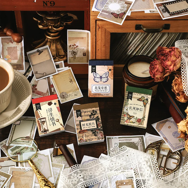 50PCS Vintage Material Sticker DIY Scrapbooking Junk Journal Diary Decoration Stickers Memo Pad Writable sticker