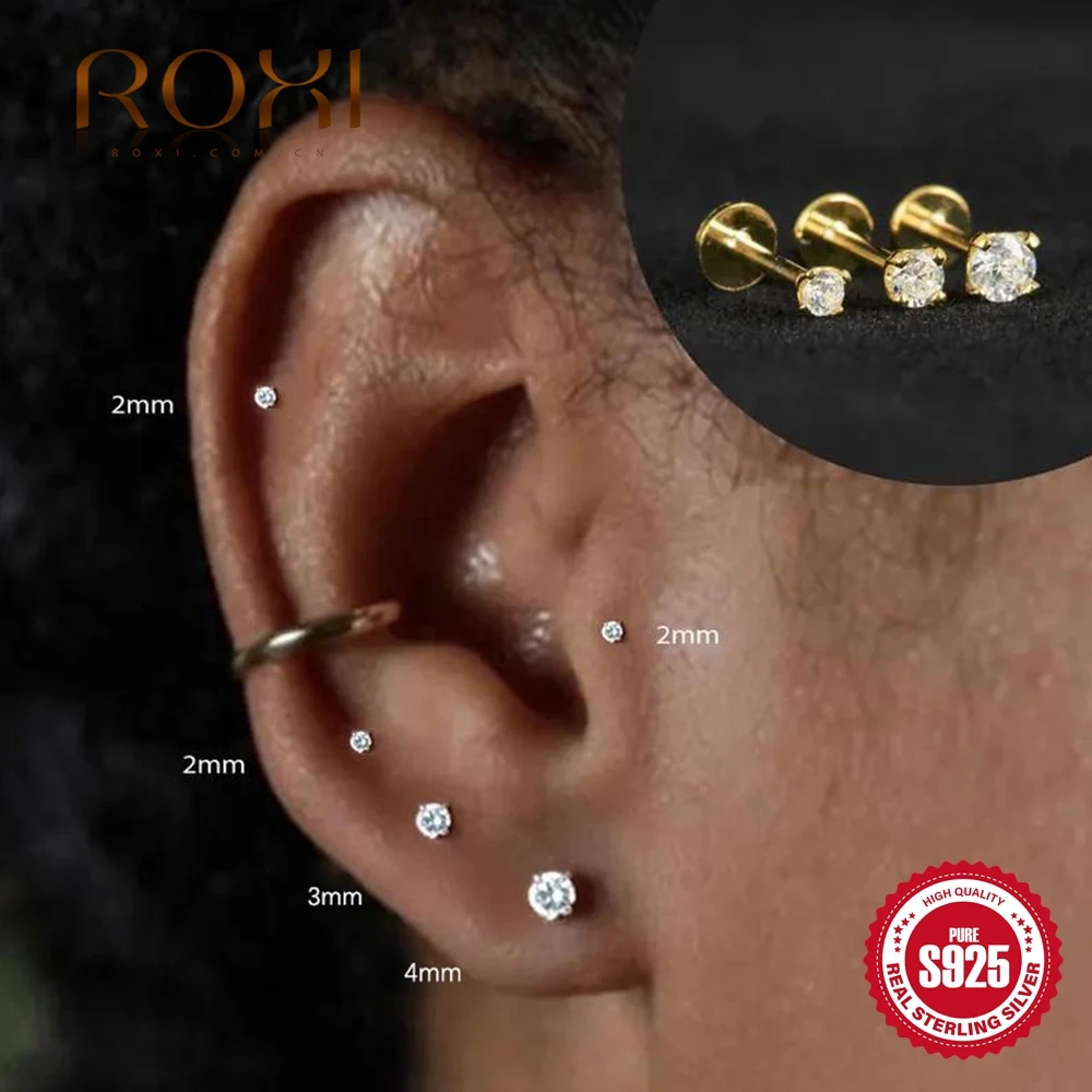 ROXI 1 pièce Clou d'oreille classique à quatre griffes avec moissanite ronde de 0,03 à 1,2 carats, avec certificat de qualité supérieure, Cadeaux d'anniversaire