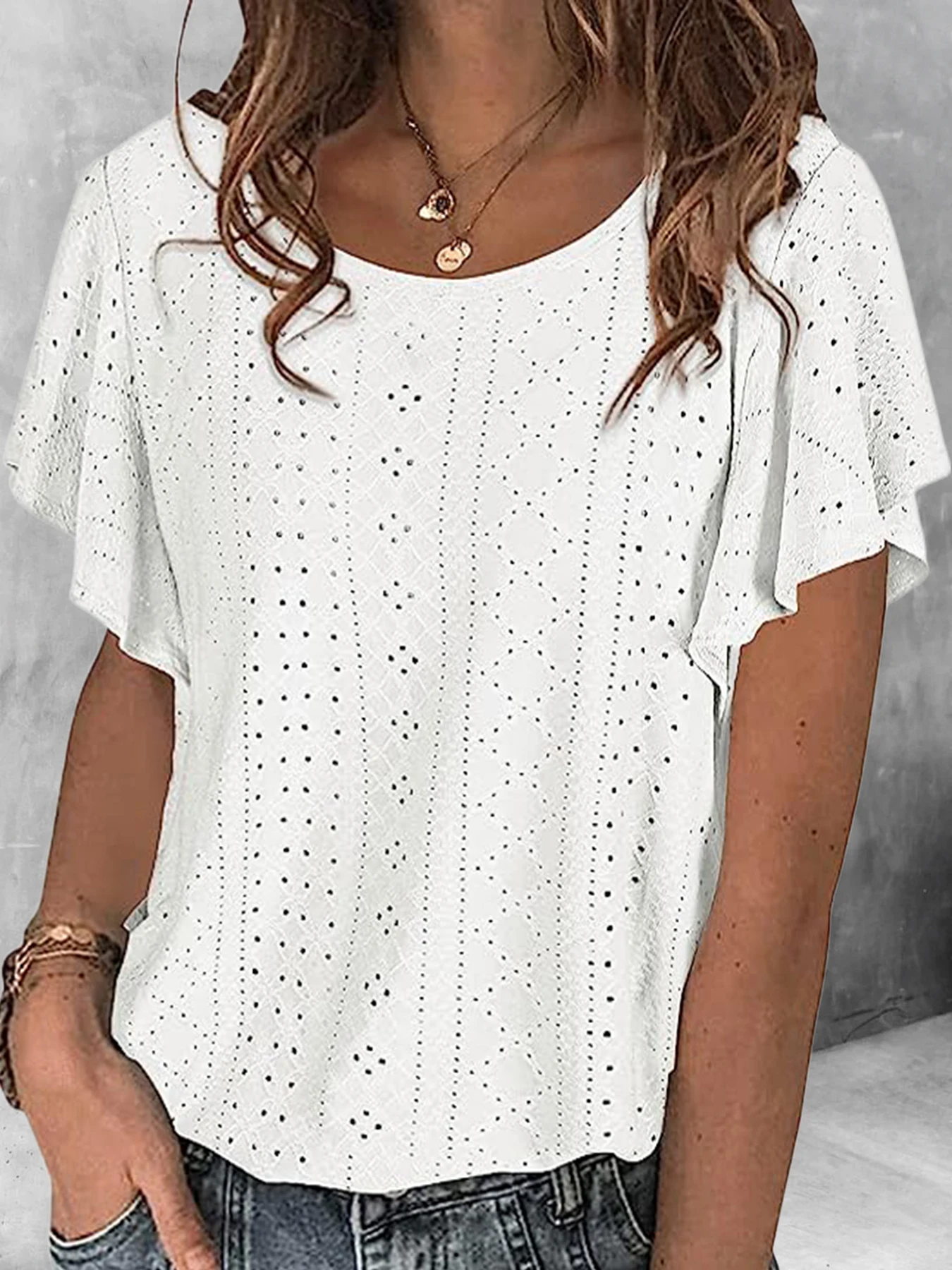 Women Summer Casual White Color Blouses Shirts Basic O Neck Short Sleeve Knitted Tops Ladies Elegant Hollow Out Blouse