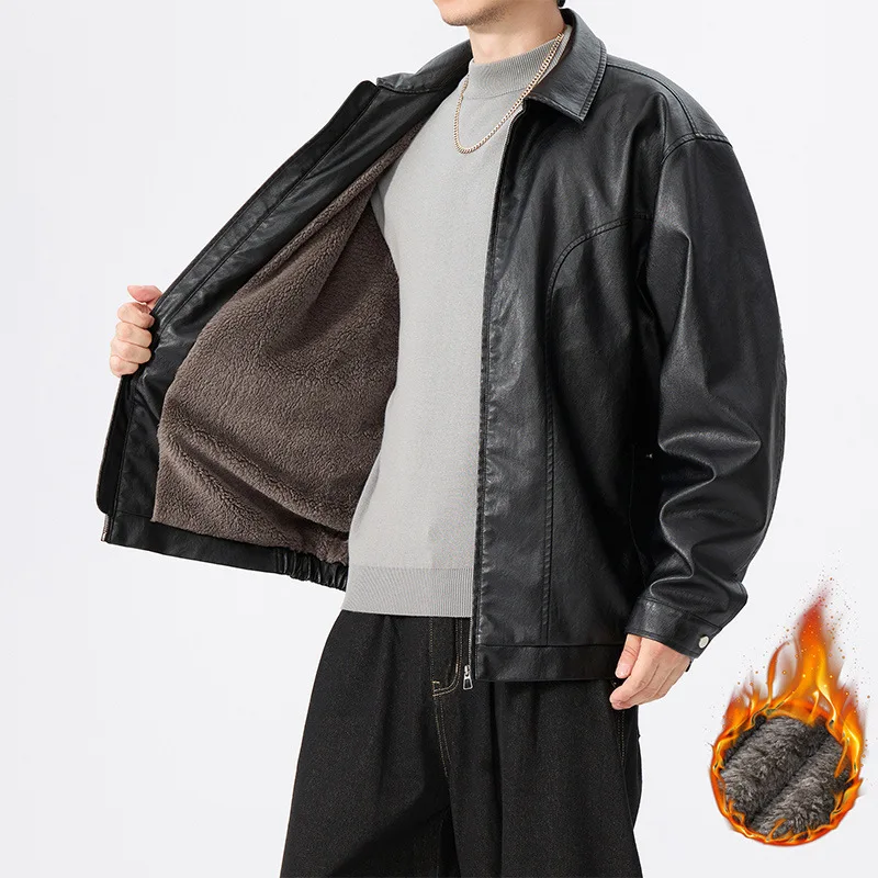 

Thiened Fce Lined PU Leather Jaet Men's plus Size Faionable Casual Coat Long Sve Regular Length Fiber Blend