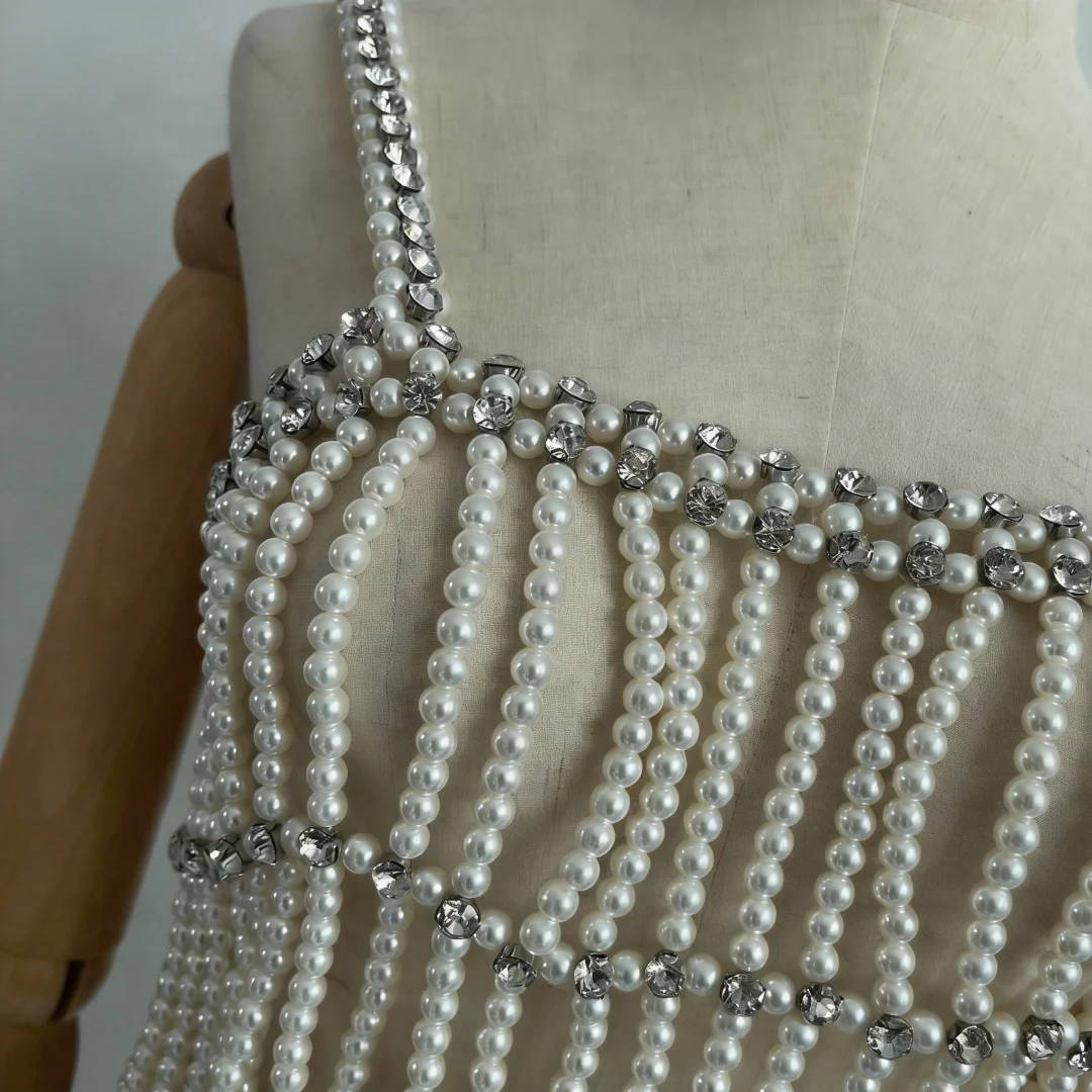 Handmade Pearl Shawl Top Women Fashion Beaded Pearl Beading Tops Ladies Diamond Cape Smock Outwear Woman Celebrity Covery Top - view 5