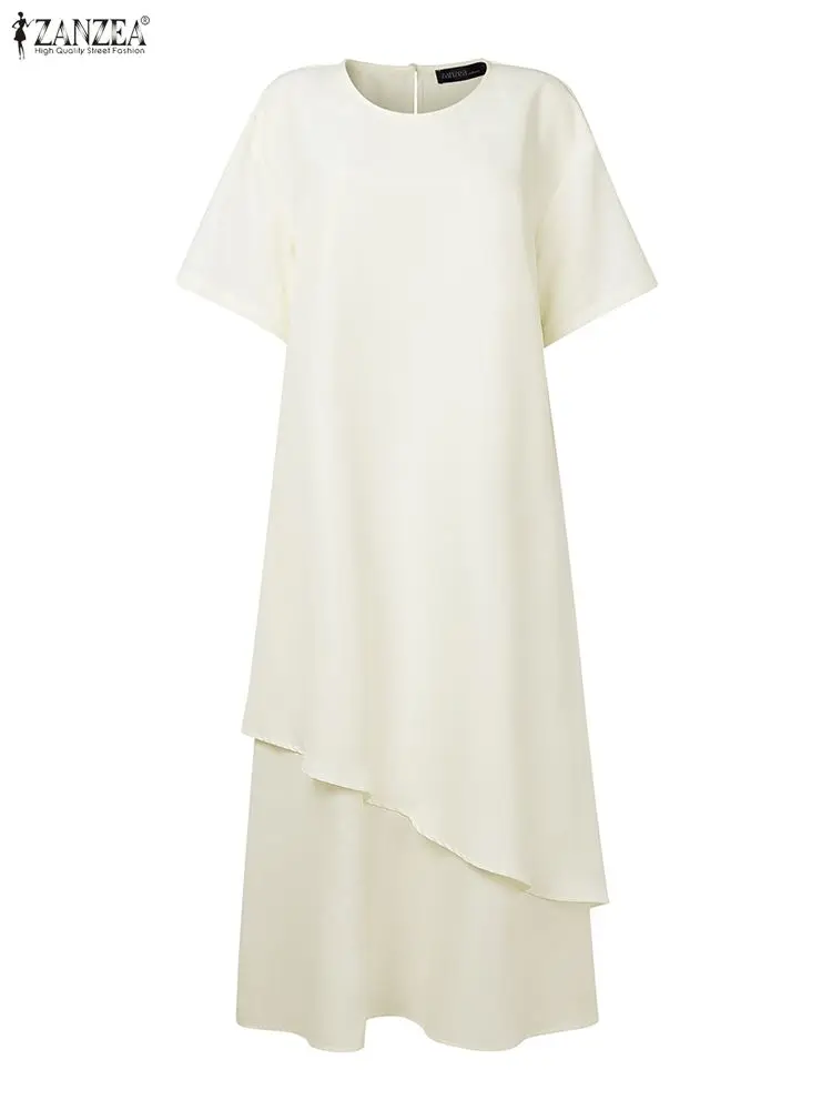 

ZANZEA Elegant Short Sleeve Long Dress 2025 Women Office Sundress Casual Ruffles Vestidos Fashion Vintage Solid Color Robe